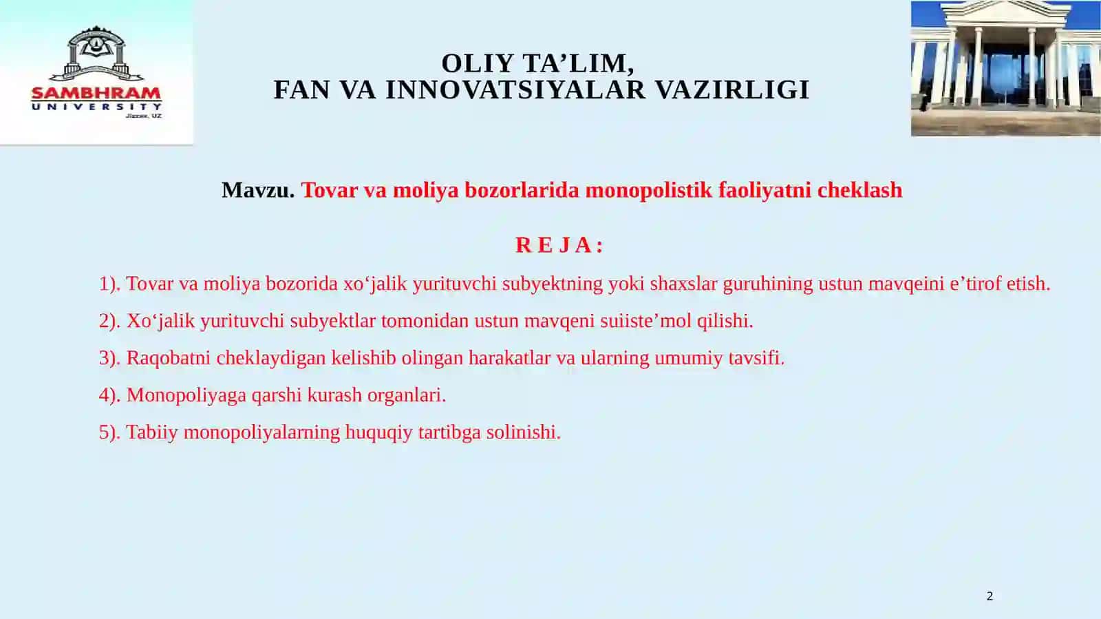 Tovar va moliya bozorlari da monopoliistik faoliyatni cheklash 2