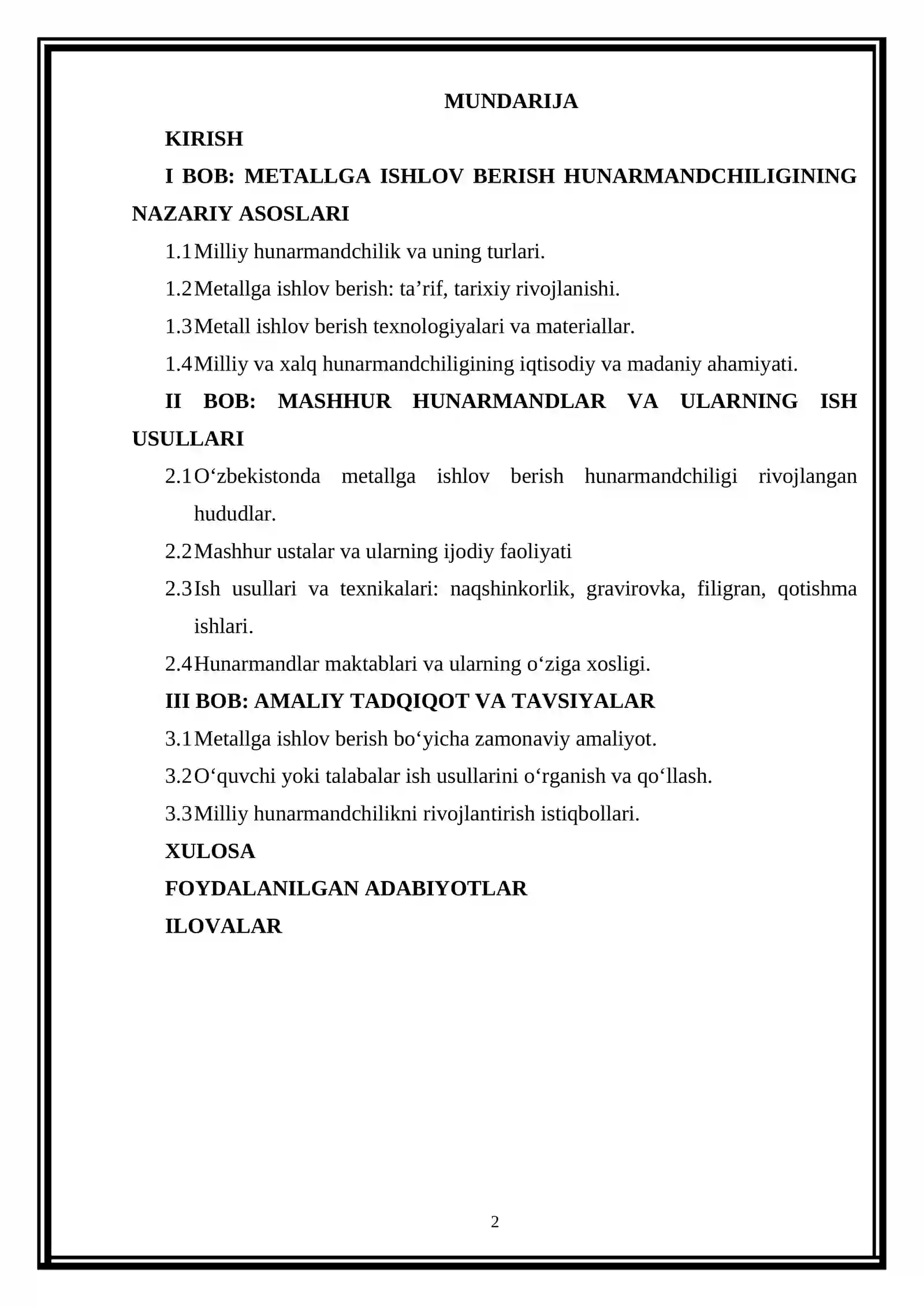 "Metallga ishlov berishga asoslangan milliy xalq hunarmandchiligi" kurs ishi 2