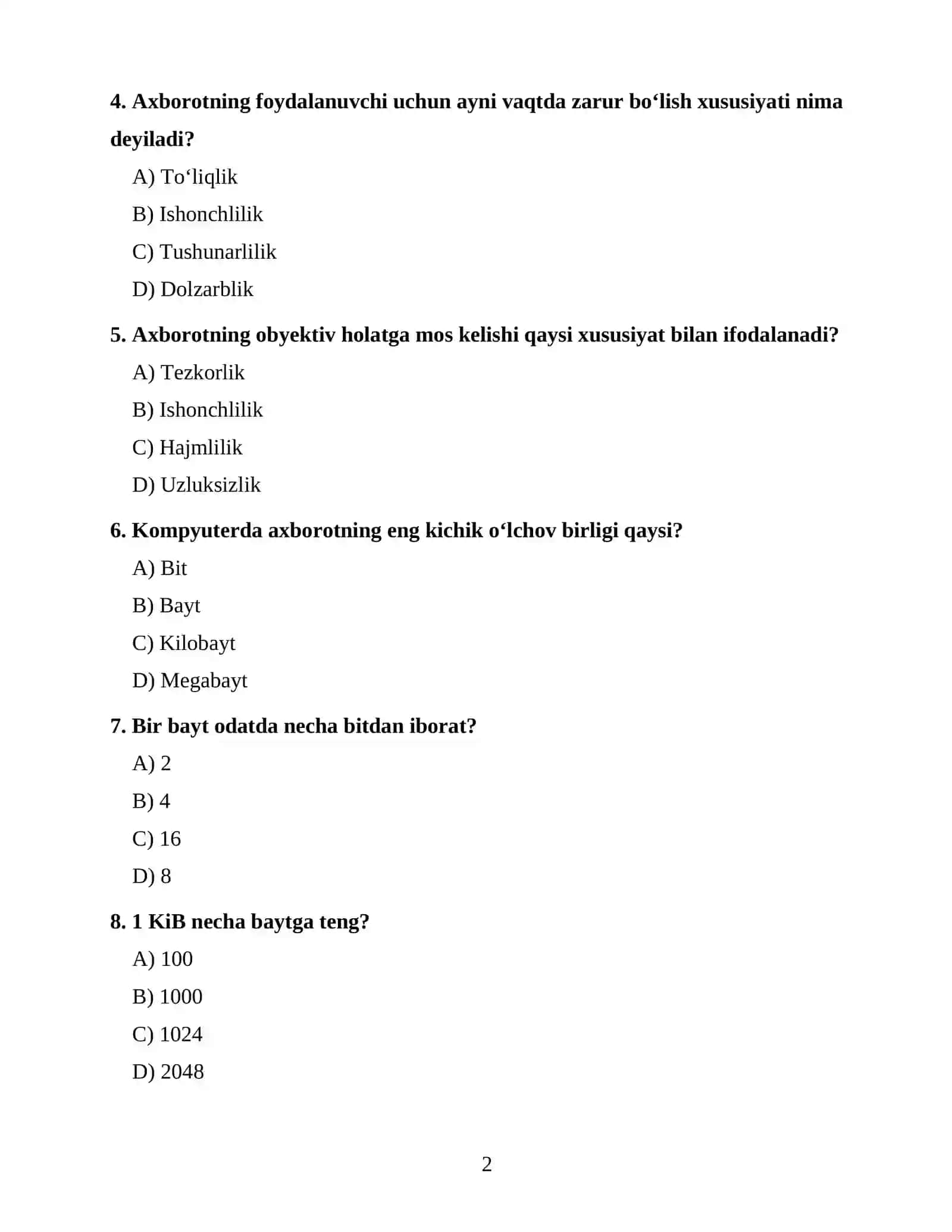 AXBOROT TEXNOLOGIYALARI FANIDAN OTM 1-KURS UCHUN 100 TA TEST 2