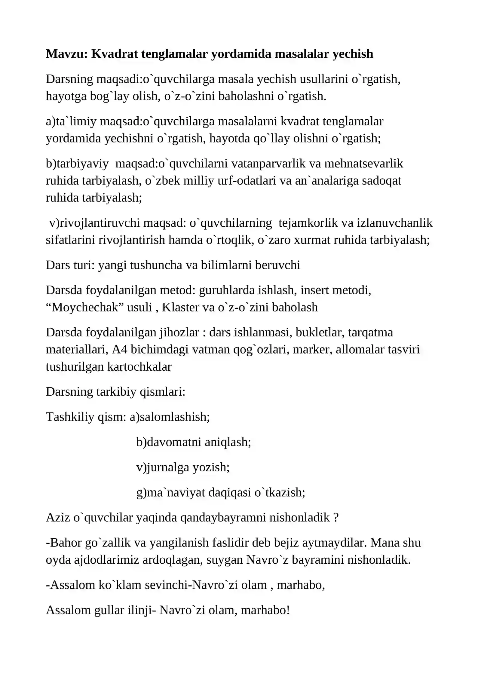 8-sinf Algebra dars ishlanma. Kvadrat tenglamalar yordamida masalalar yechish 2