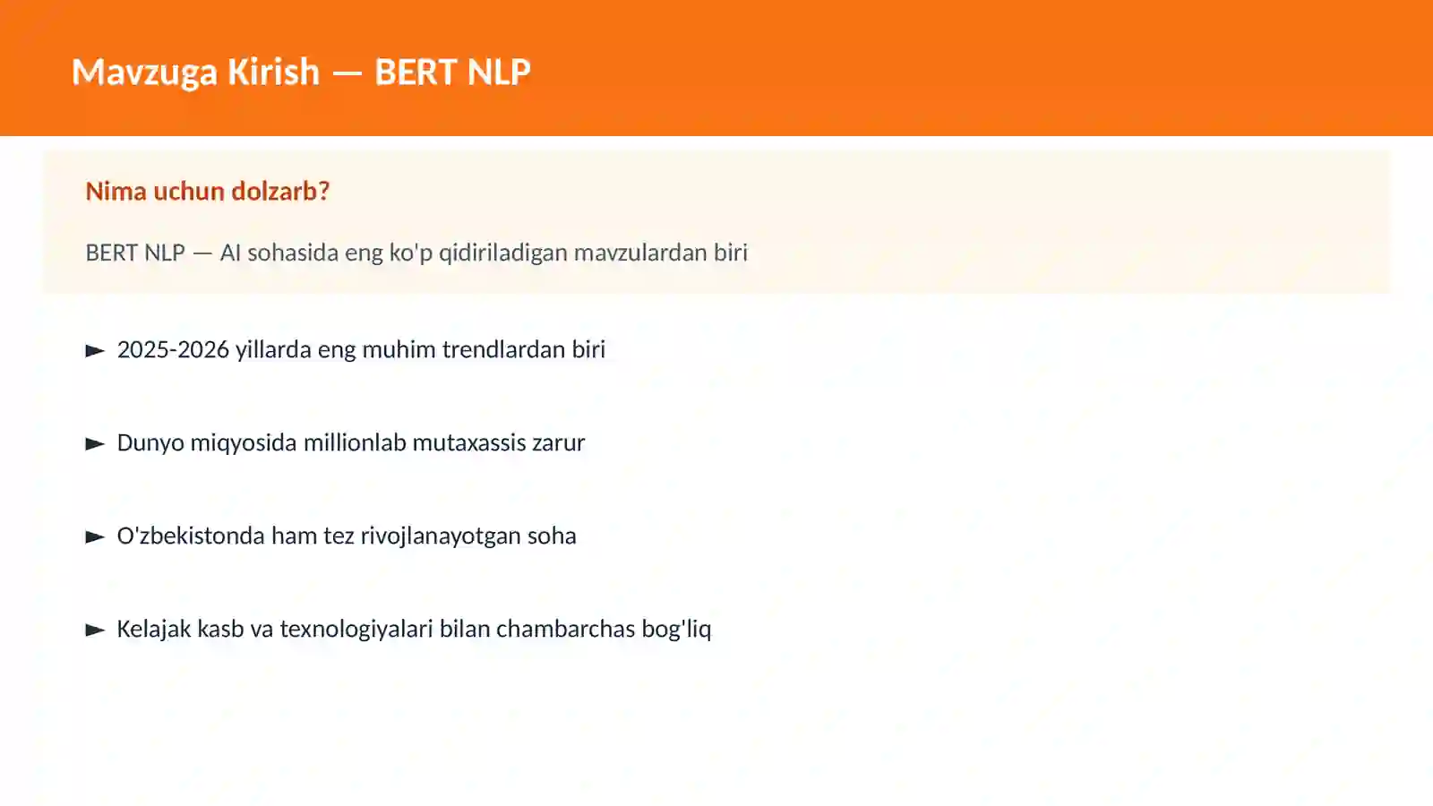 AI | DEEP LEARNING VA NEYRON TARMOQLAR BERT NLP 2