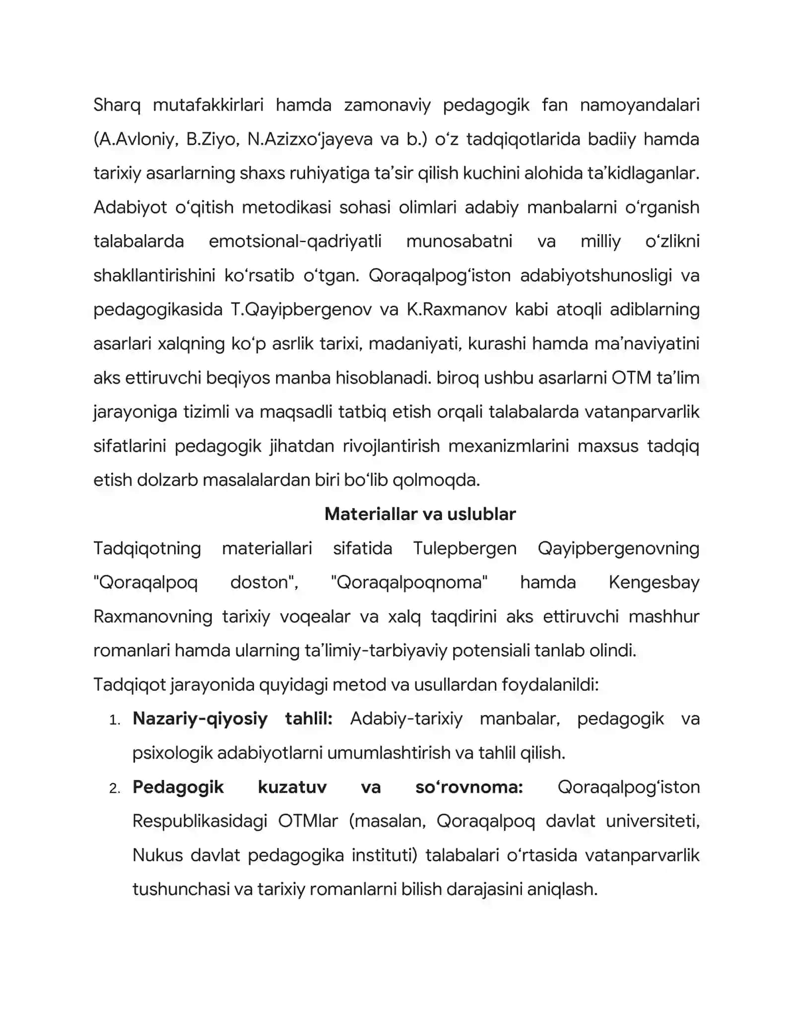 Adabiy-tarixiy manbalarni ta’lim jarayoniga tatbiq etish orqali talabalarda vatanparvarlik tuyg‘usini rivojlantirish (Qoraqalpog‘iston OTMlari misolida) 2