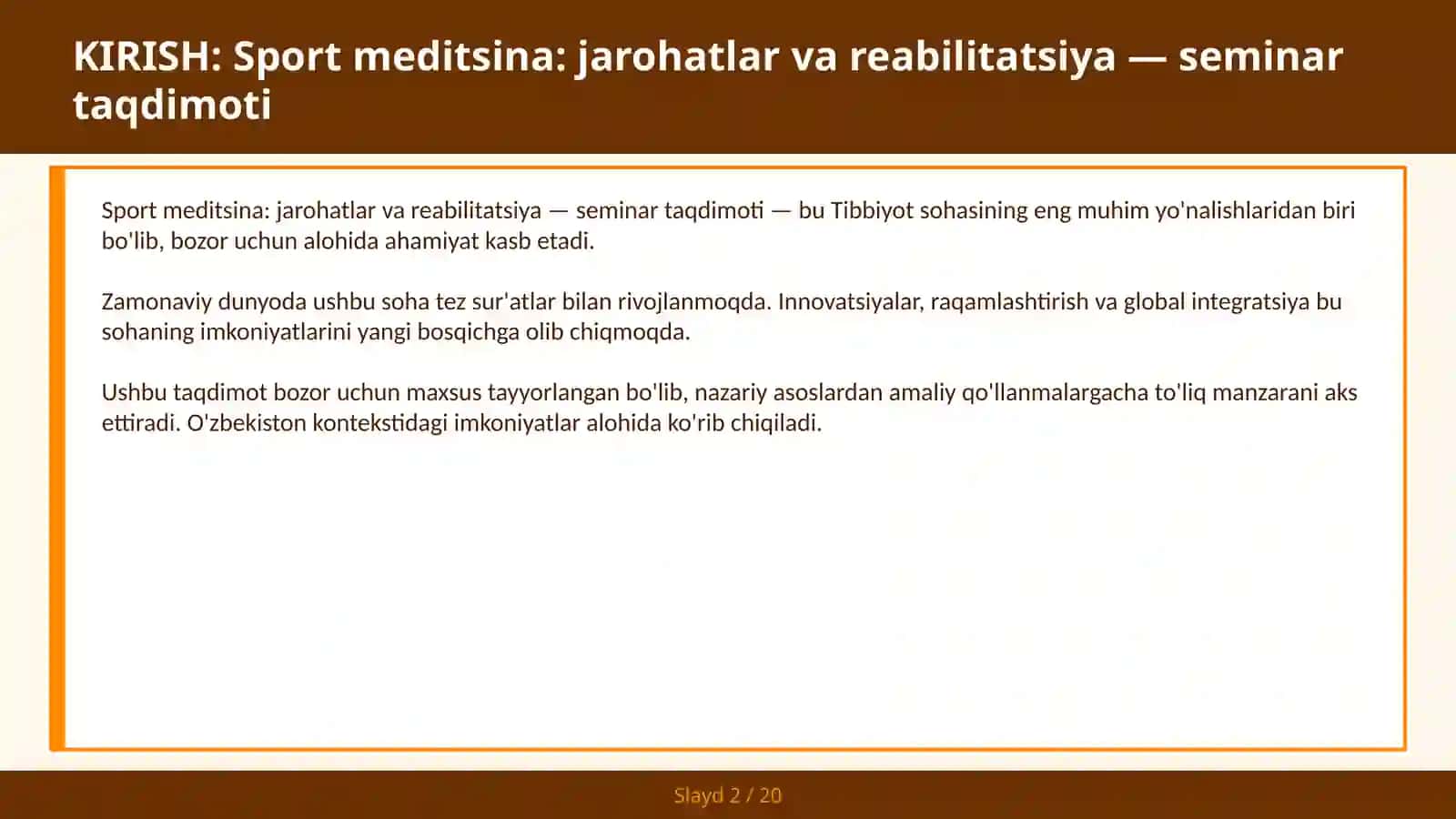 Sport meditsina: jarohatlar va reabilitatsiya — seminar taqdimoti 2