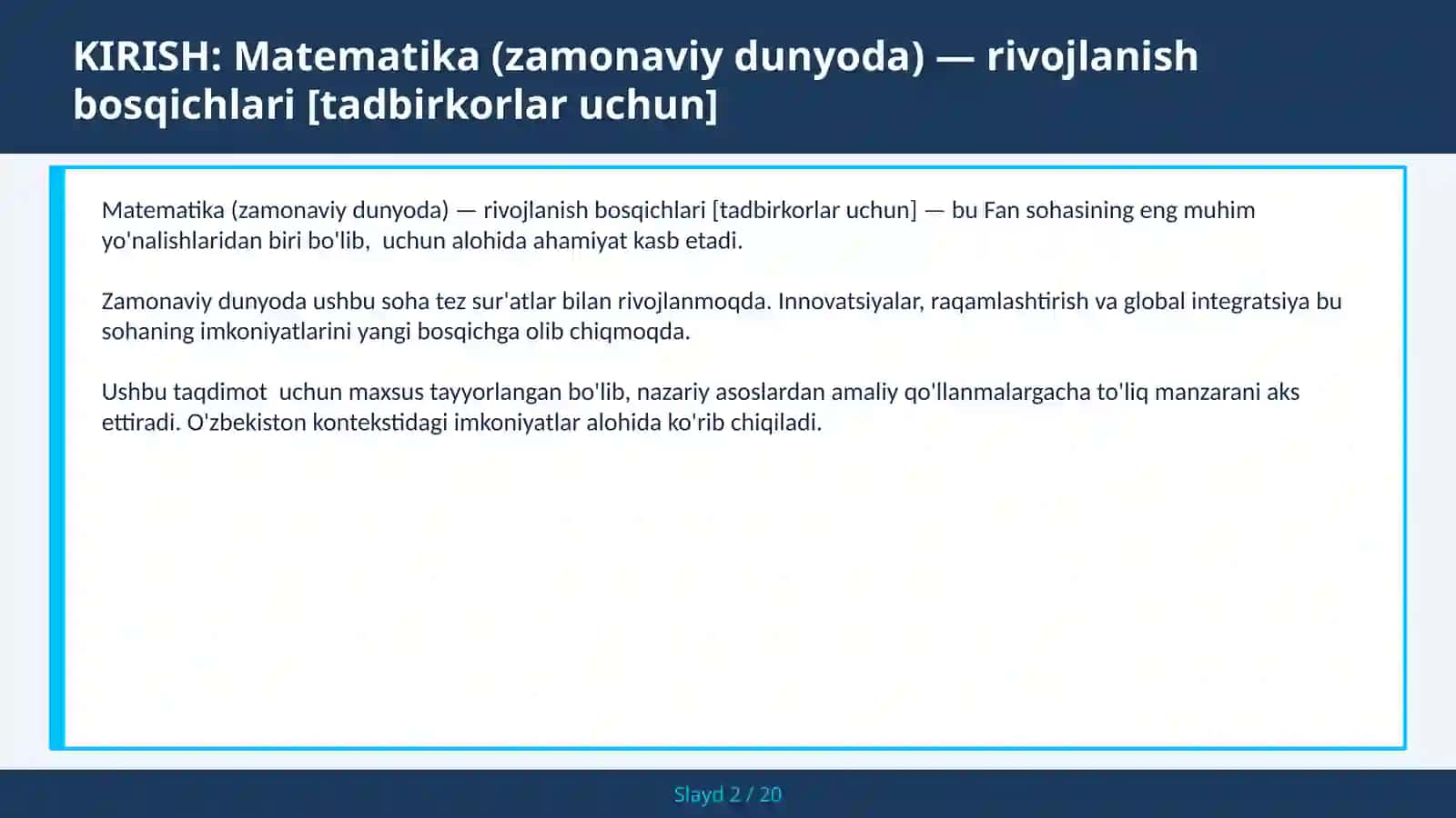 MATEMATIKA (ZAMONAVIY DUNYODA) — RIVOJLANISH BOSQICHLARI [TADBIRKORLAR UCHUN] 2