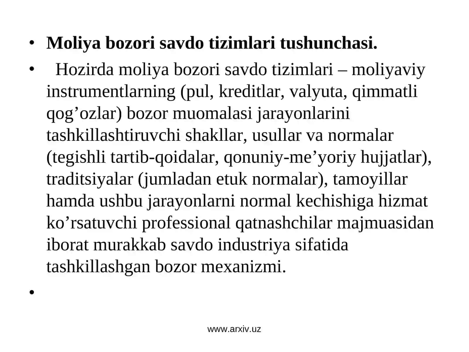Moliya bozori savdo tizimlari va ularning iqtisodiyotdagi ro’li 2