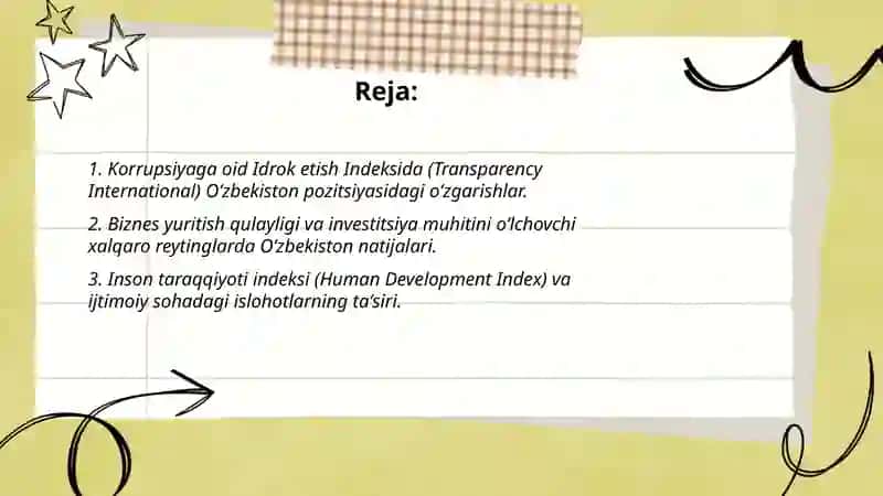 Yangi Oʻzbekistonda ijtimoiy -siyosiy, iqtisodiy va madaniy hayotida roʻy berayotgan oʻzgarishlarning xalqaro reyting va indekslarda aks etishi 2