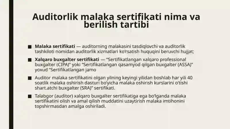 Auditorlik Malakasi sertifikati va unga qo'yilgan talablar 2