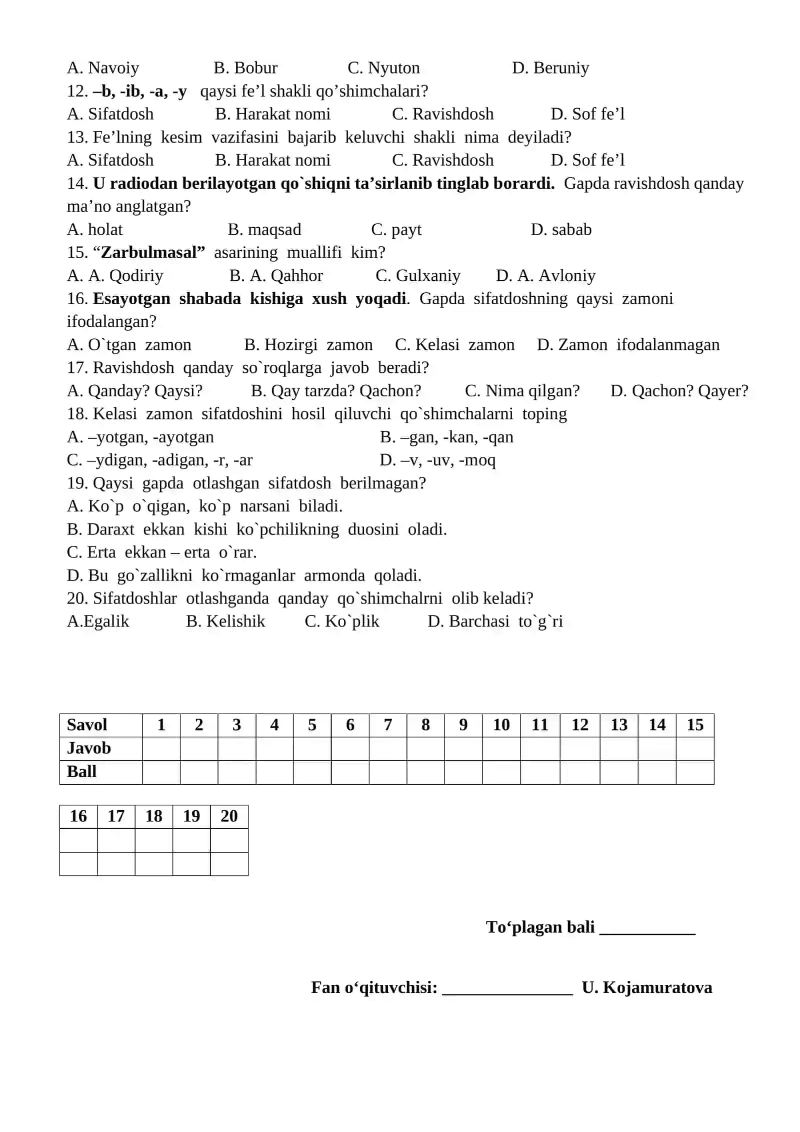 8-sinf O‘zbek tili fanidan ChSB-1 Test topshiriqlari 2