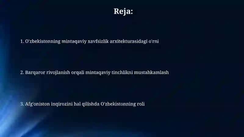 Oʻzbekistonning Markaziy Osiyoda tinchlik va barqarorlikni taʼminlashdagi oʻrni 2