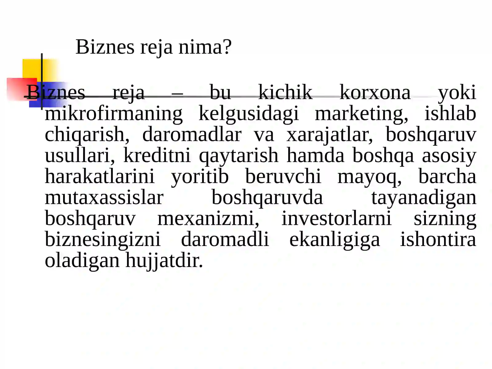 INVESTITSIYA LOYIHASINING BIZNES REJASI (6-SOAT) 2