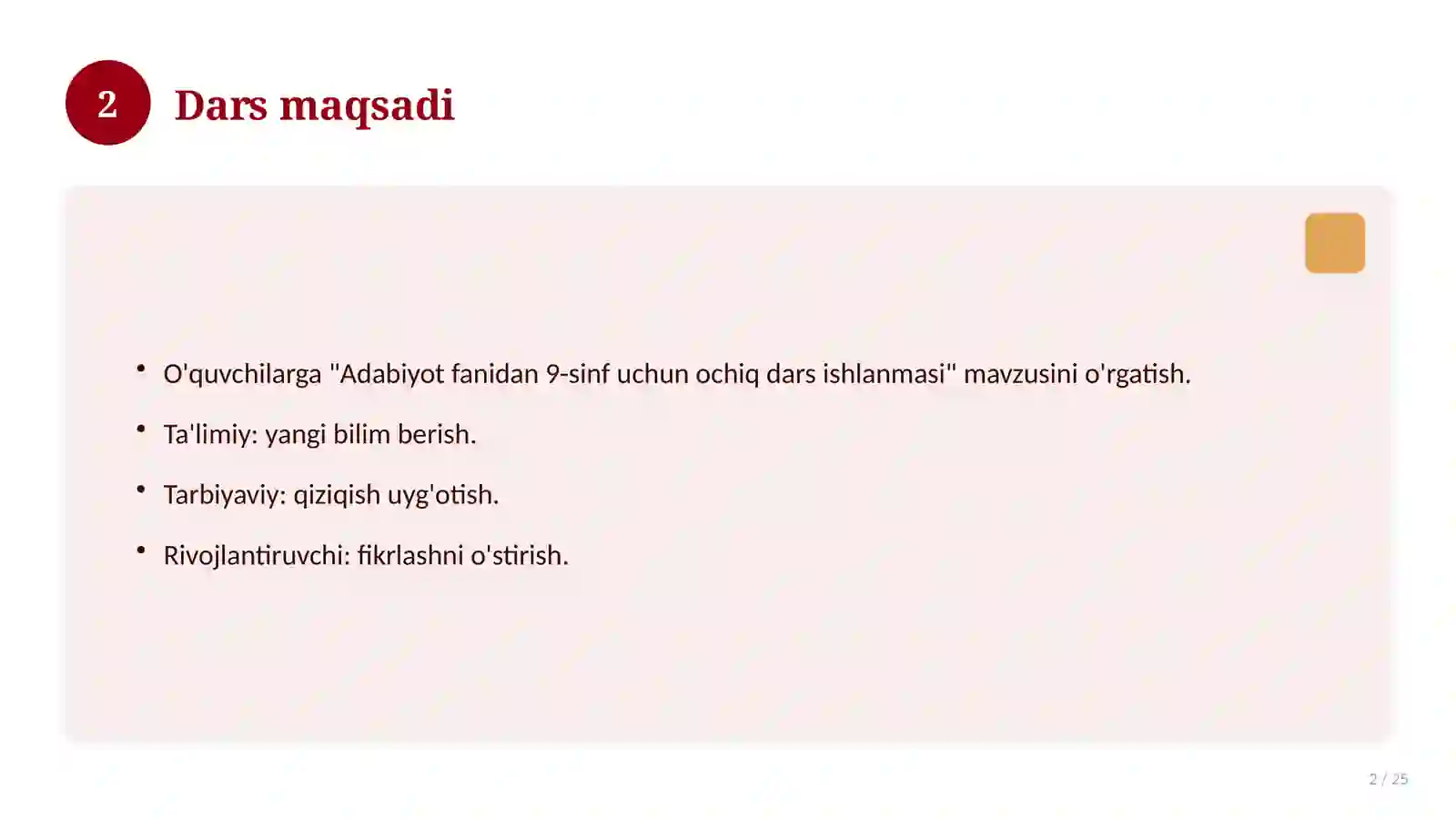 Adabiyot fanidan 9-sinf uchun ochiq dars ishlanmasi 2