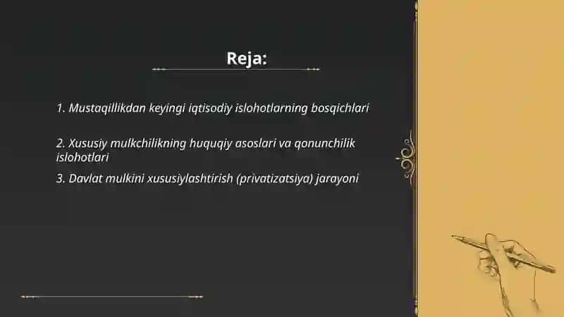 Iqtisodiy islohatlar, xususiy mulkchilikning shakllanushi. Oʻzbekistonda bozor munosabatlarining rivojlanishi 2