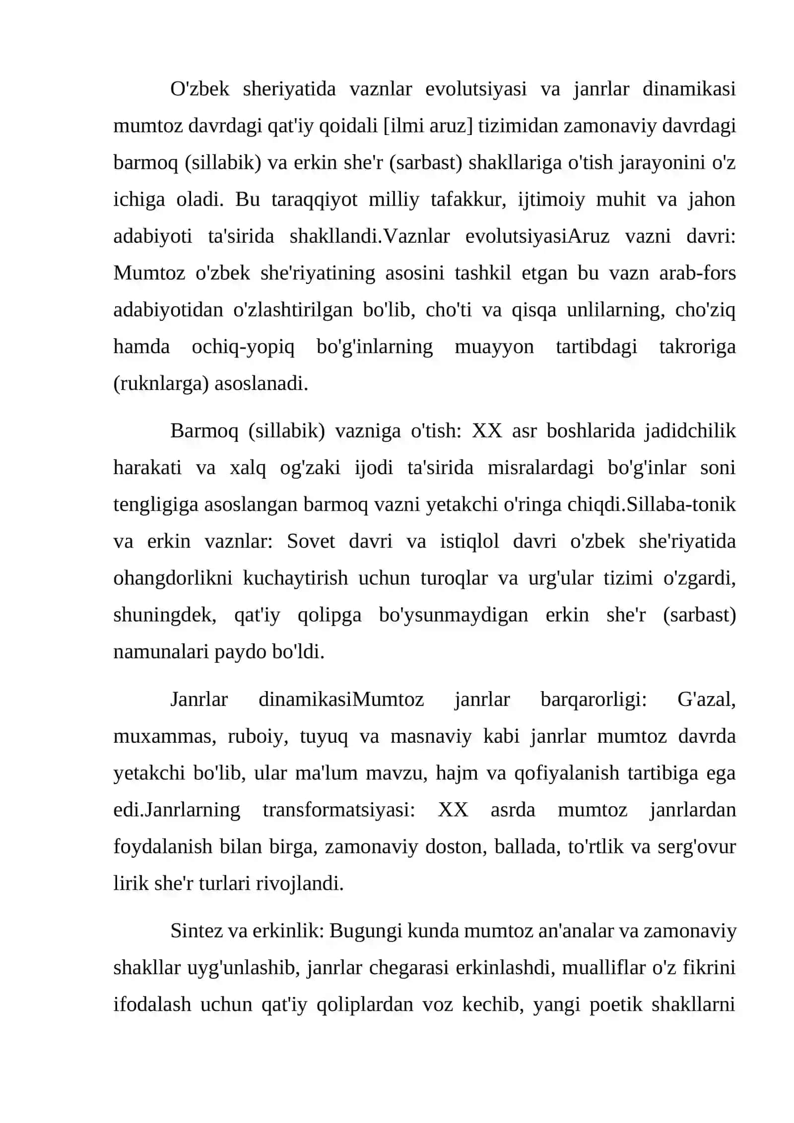 Mumtoz va zamonaviy o'zbek sheriyatida vaznlar evolutsiyasi va janrlar dinamikasi 2