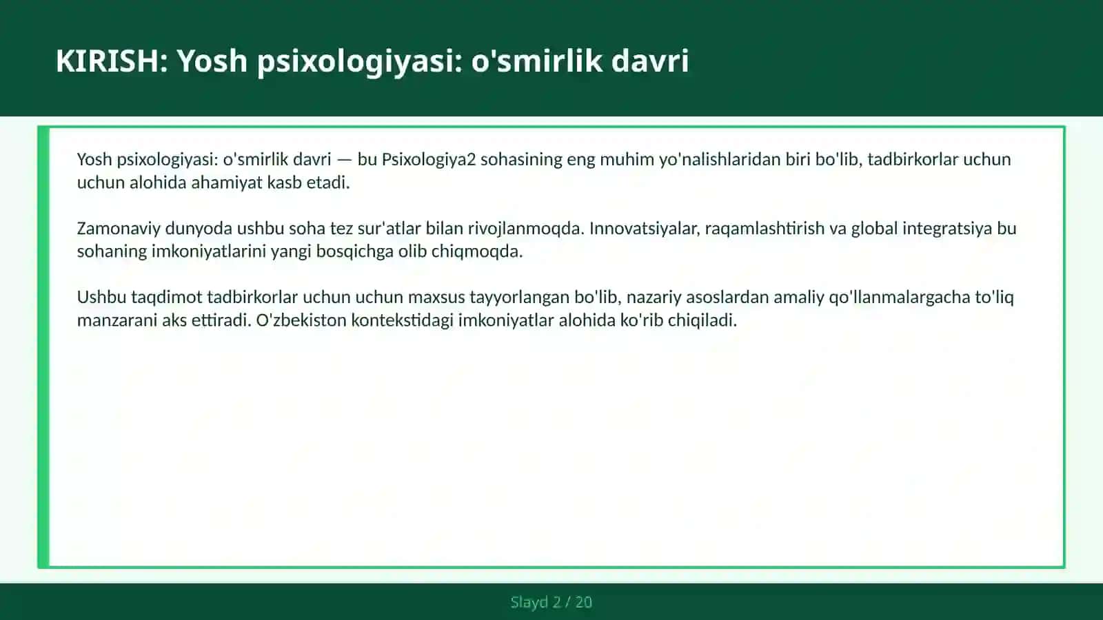 Yosh psixologiyasi: o'smirlik davri 2