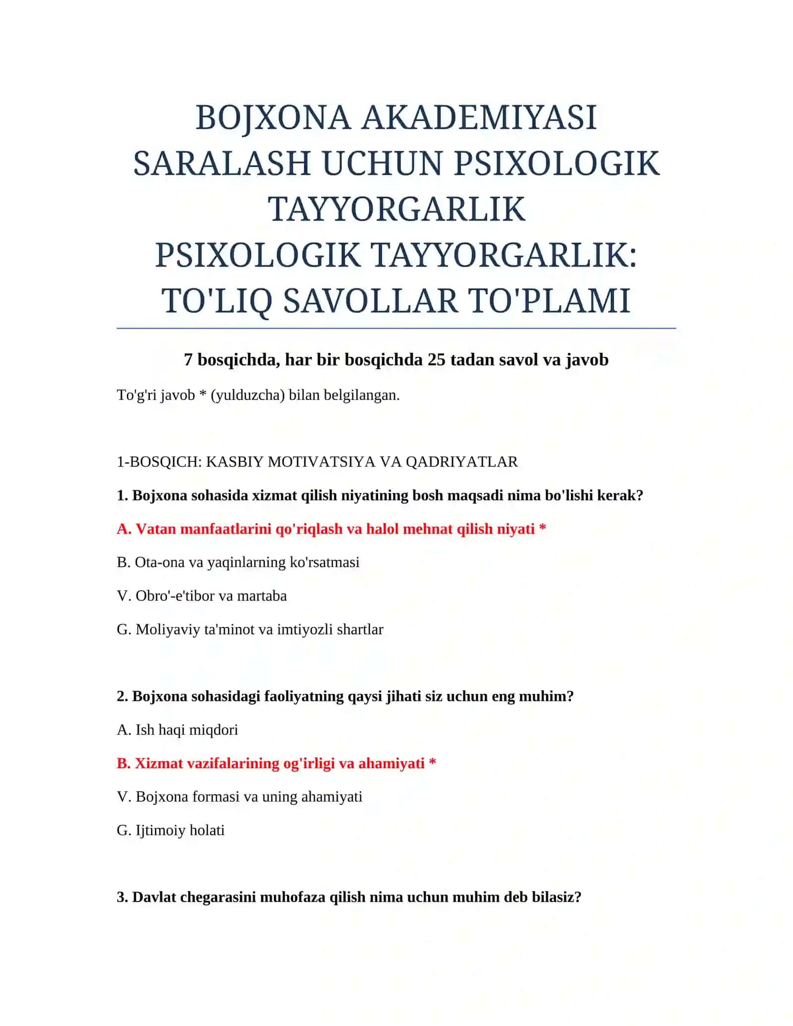 PSIXOLOGIK TAYYORGARLIK: TO'LIQ SAVOLLAR TO'PLAMI 2