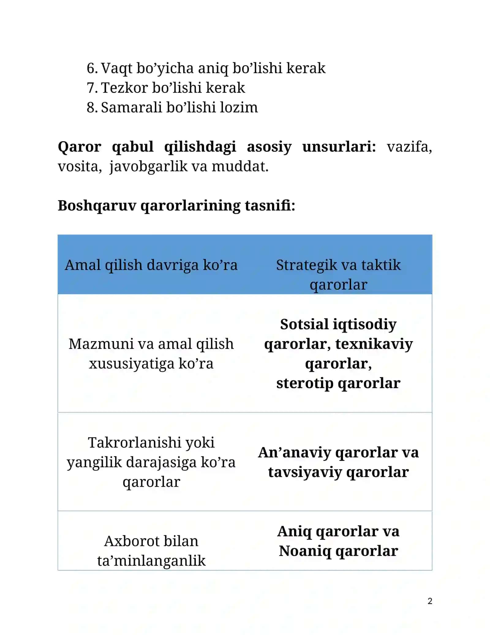 Menejment fani: Qarorlarini qabul qilish 2