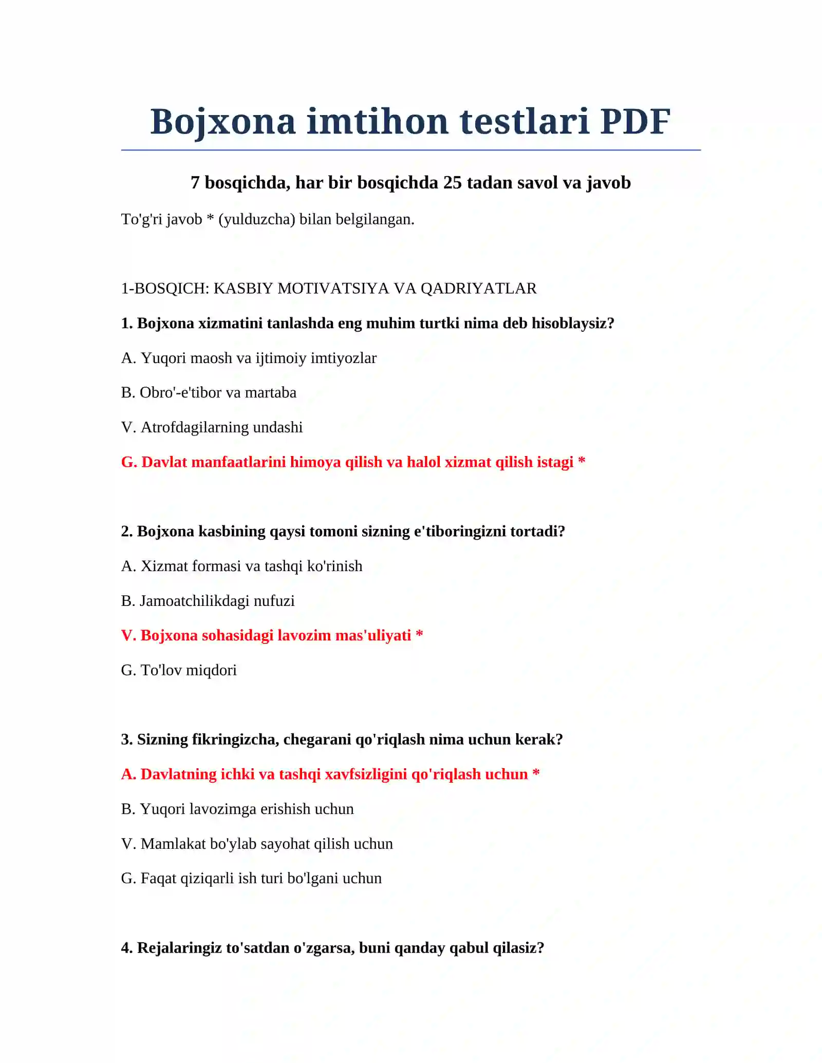 Bojxona imtihon testlari PDF 2