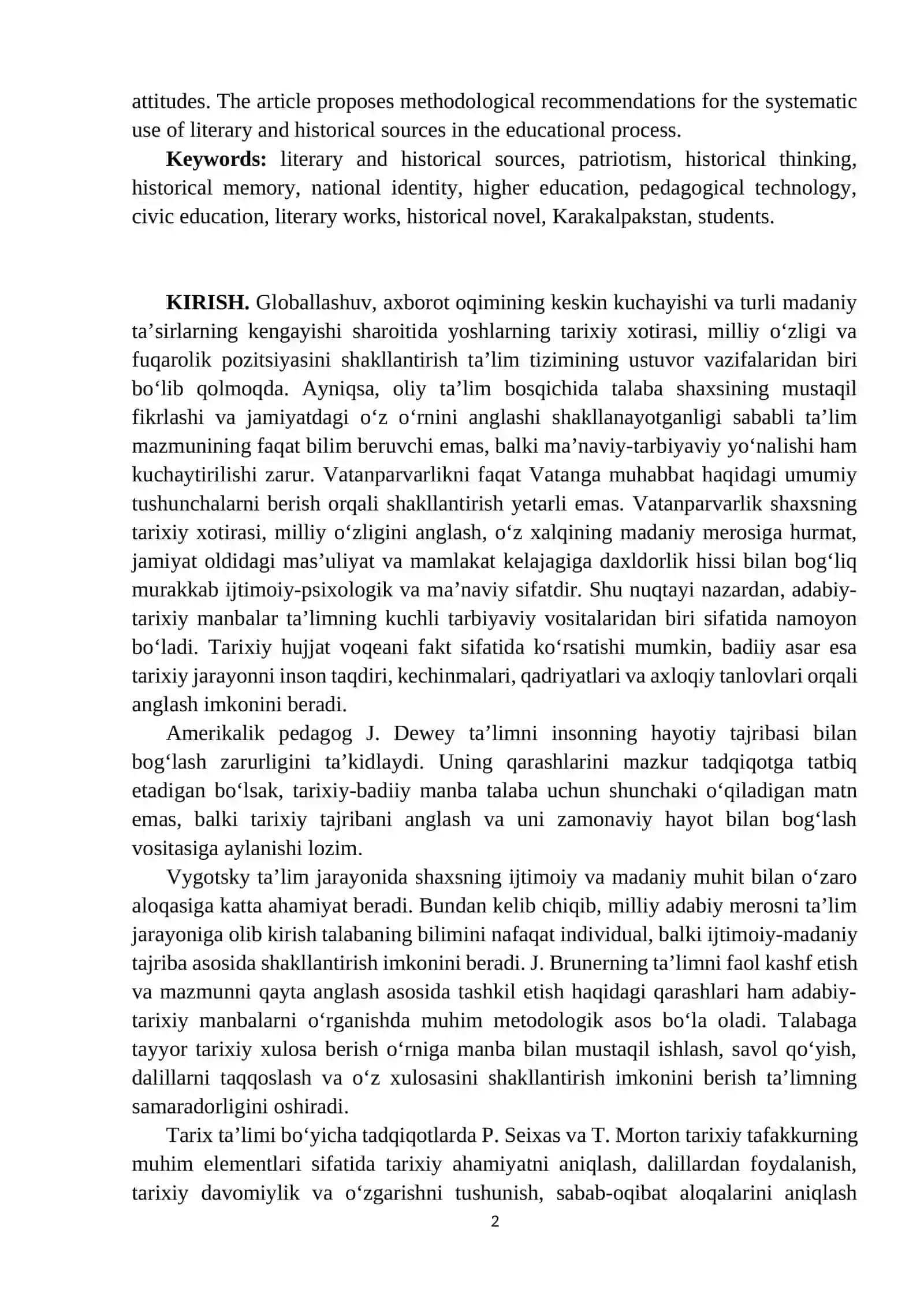 ADABIY-TARIXIY MANBALARNI TA’LIM JARAYONIGA TATBIQ ETISH ORQALI TALABALARDA VATANPARVARLIK TUYG‘USINI RIVOJLANTIRISH 2