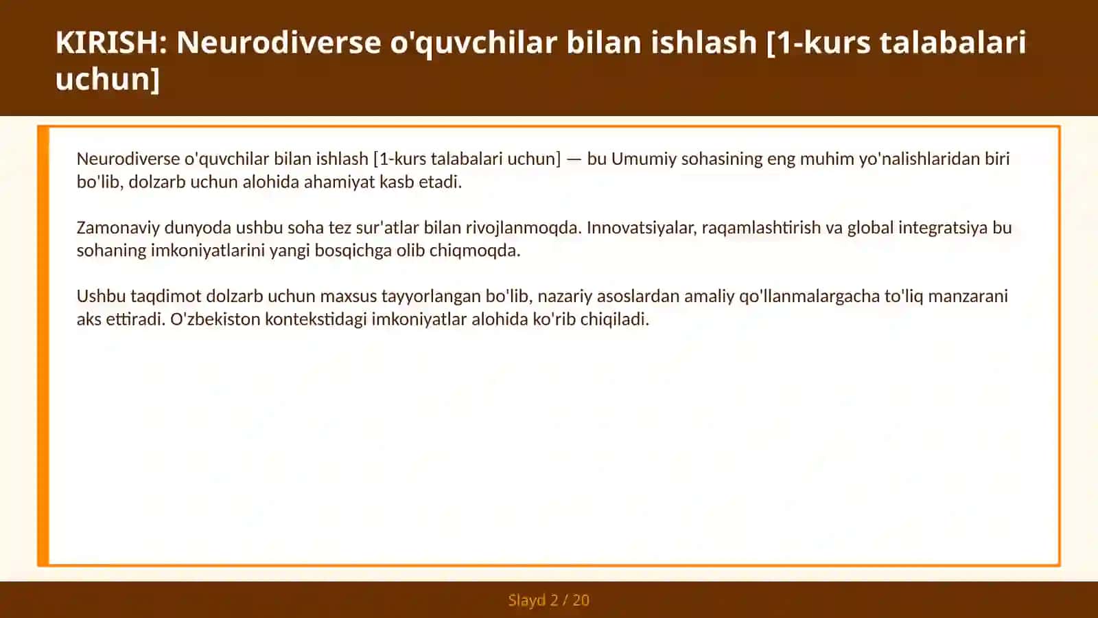 Neurodiverse o'quvchilar bilan ishlash [1-kurs talabalari uchun] 2