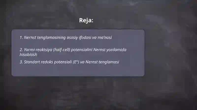 Nernest tenglamasi. Oksidlanish Qaytarilish potensiali 2