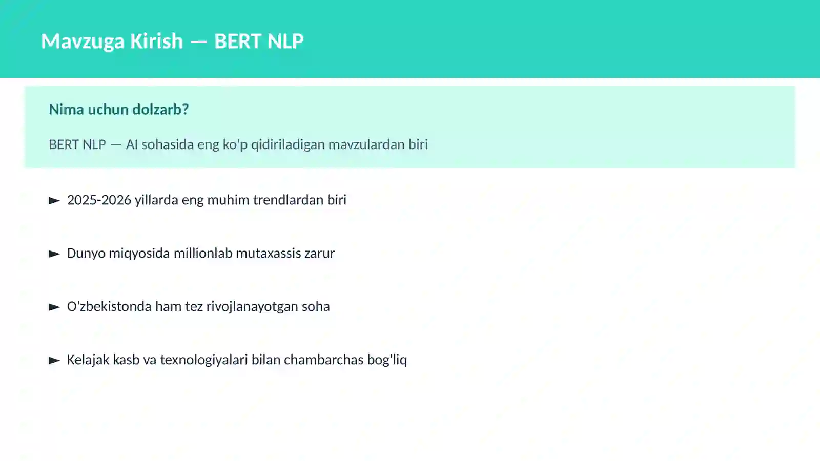 AI | DEEP LEARNING VA NEYRON TARMOQLAR BERT NLP 2