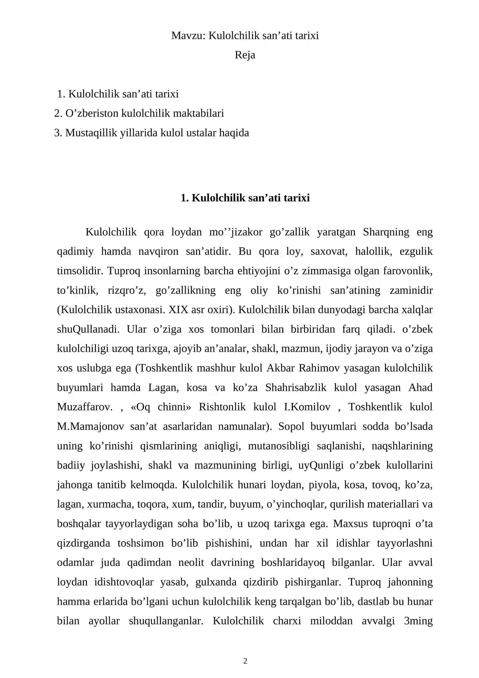Kulolchilik san’ati tarixi. Mustaqil ish 2