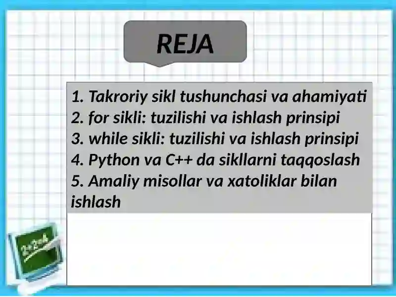 Python va C++ dasturlarida takroriy sikl operatorlari (for, while) 2