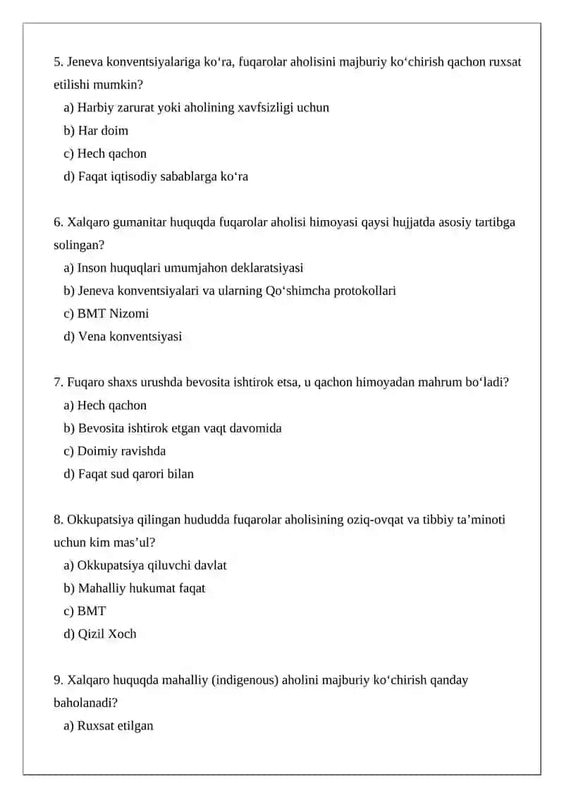 Xalqaro huquqda aholi Test 2