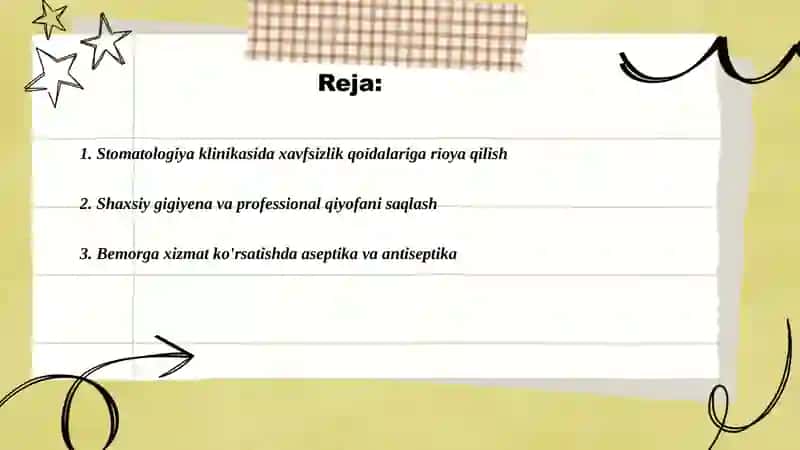 Stomatologiyada ishlash uchun xavfsizlik qoidalari.Shifokor oldiga kirganda shaxsiy gigiyena.Asbob u 2