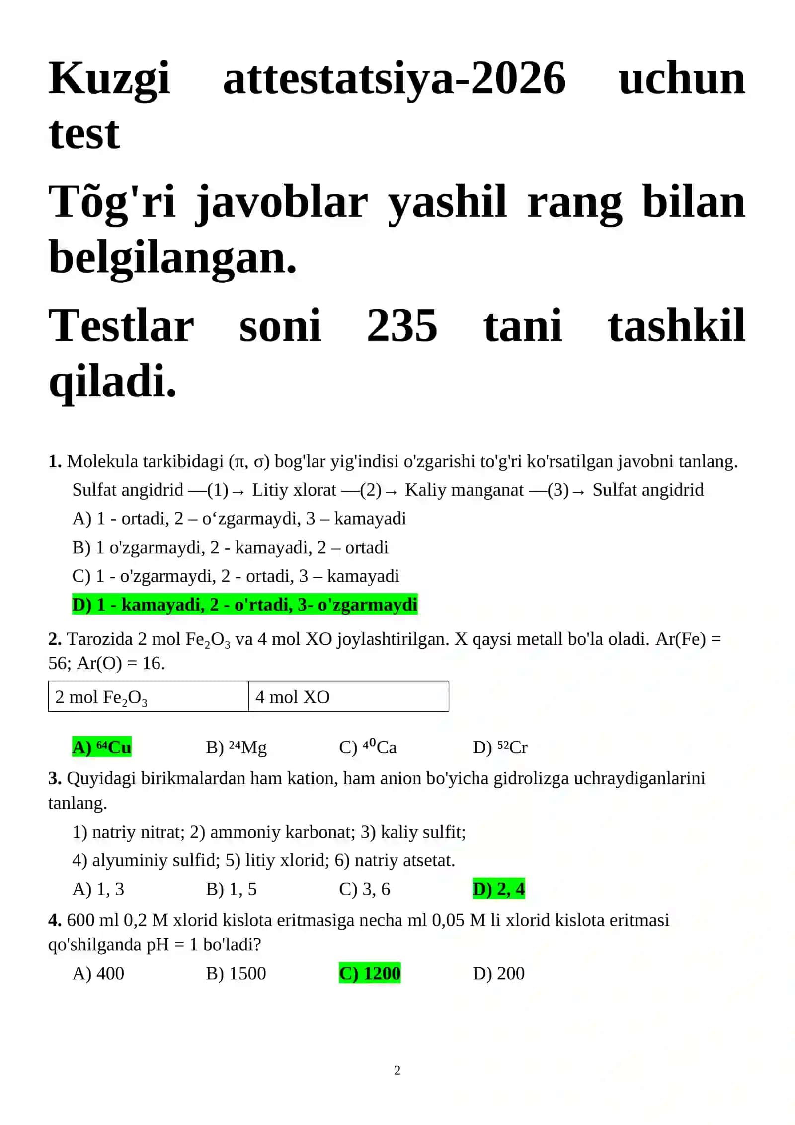2026 YIL KIMYO FANIDAN ATESTATSIYA SAVOLLARI JAVOBI KUZGI 2