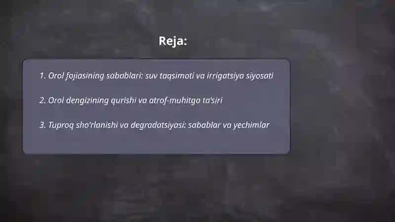 O'zbekistonda ekologik muammolar va ularning yechimlari: Orol fpojiasi misolida 2