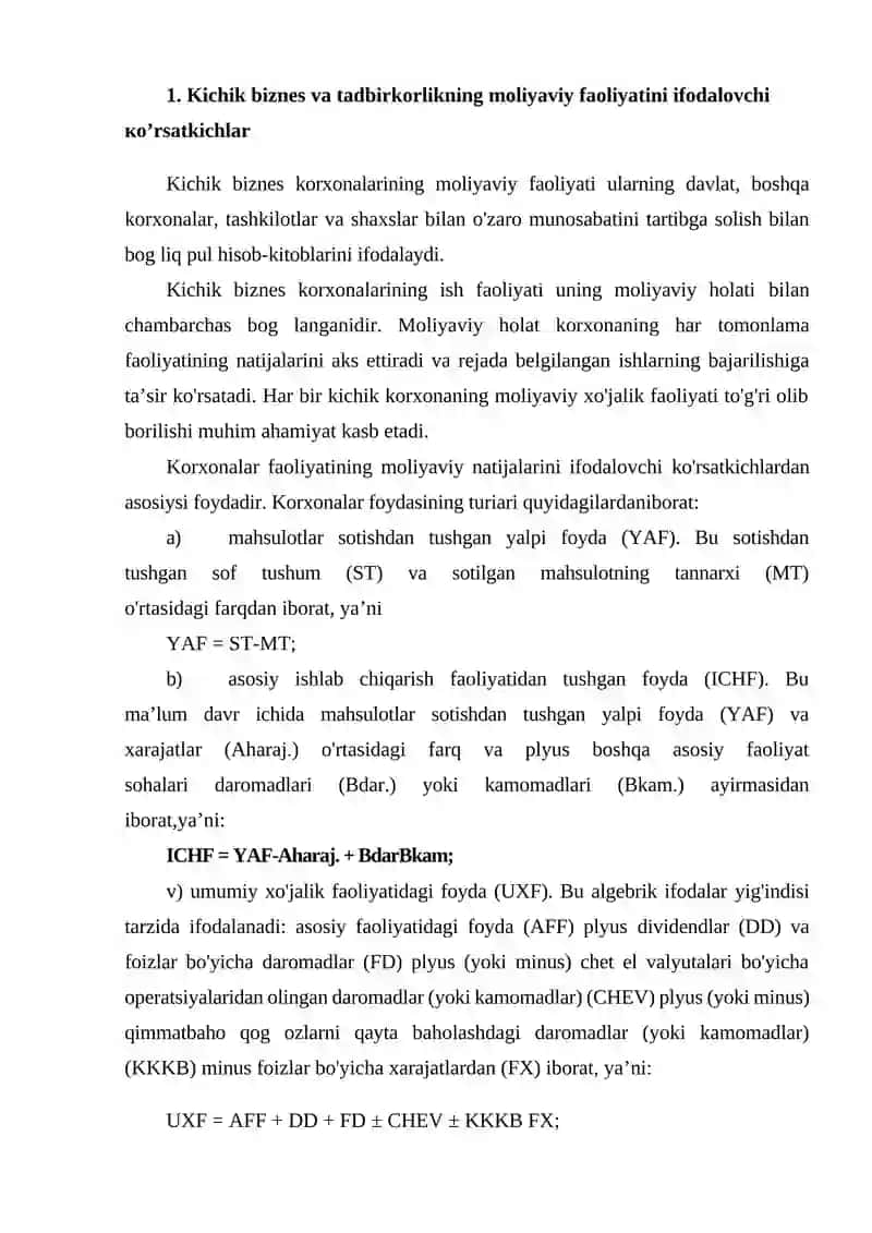 Kichik biznes va tadbirkorlik subyektlarining moliyaviy faoliyati tahlili 2