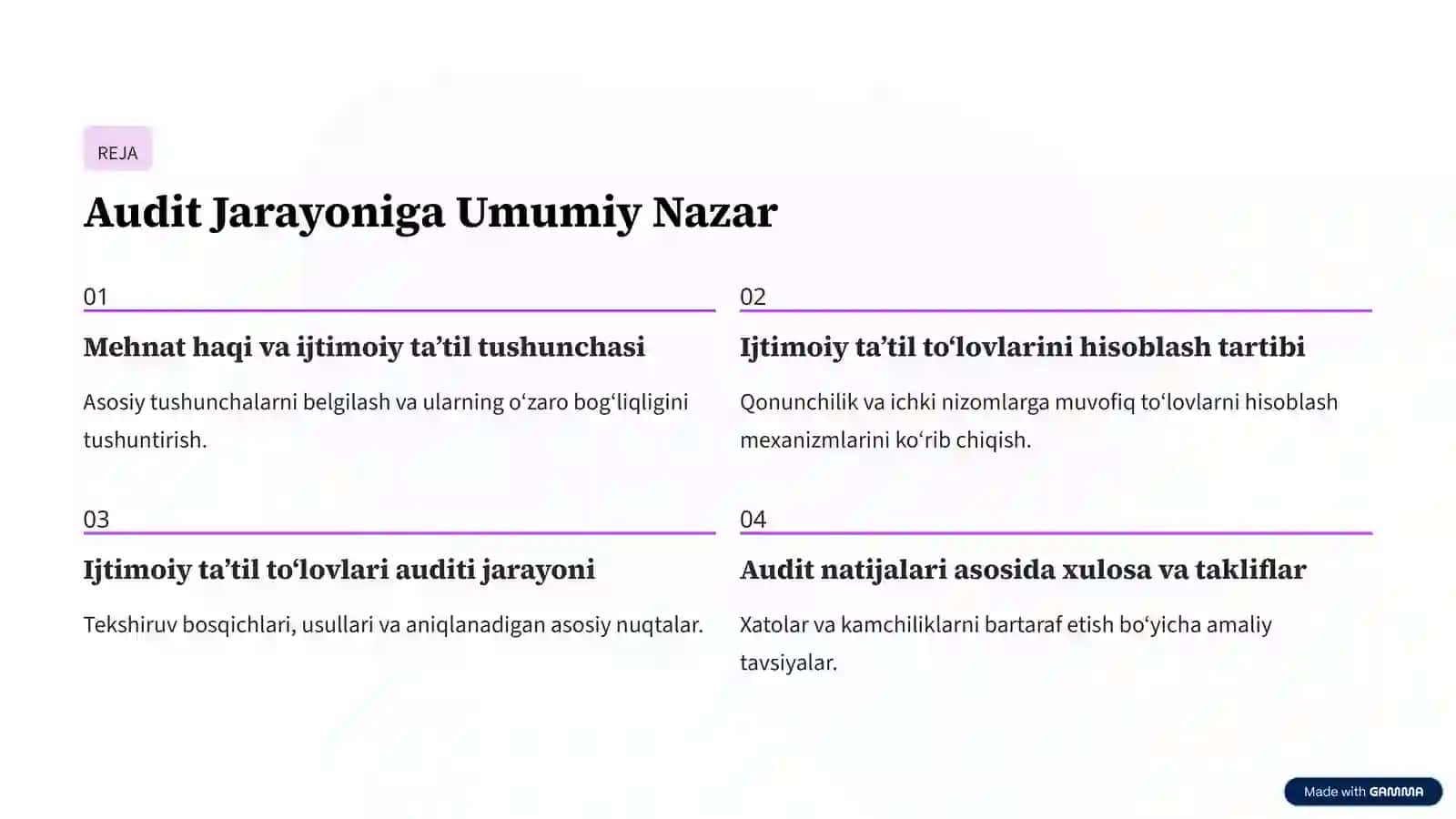 Mehnat haqi hisoblashda ijtimoiy ta’til to‘lovlari operatsiyalari auditi 2