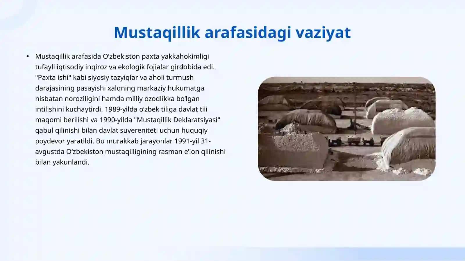 Oʻzbekiston Respublikasi tashkil topishi va uning tarixiy ahamiyati. Oʻzbekistonning oʻziga xos istiqlol va taraqqiyot yoʻli 2