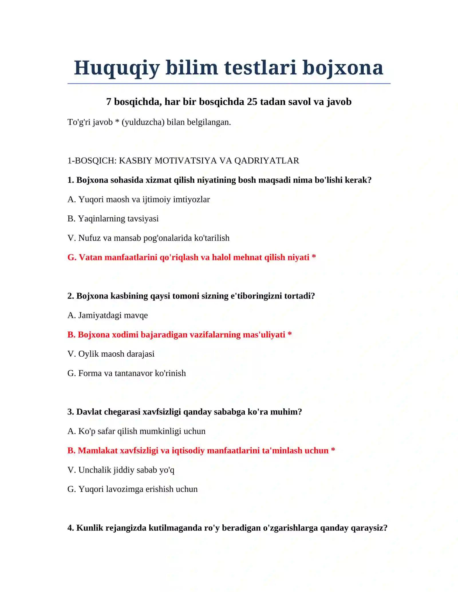 Huquqiy bilim testlari bojxona 2