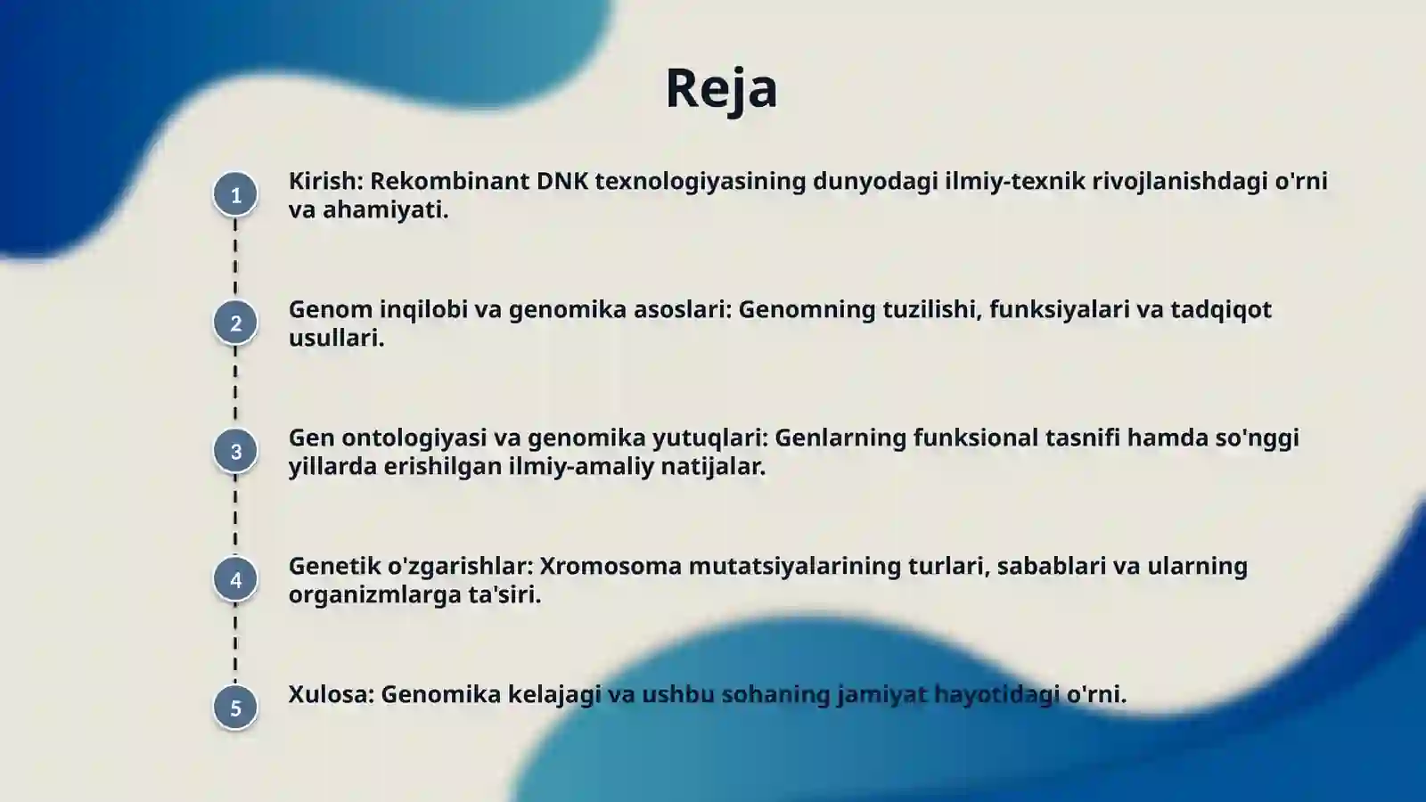 Rekombinant DNK texnologiyasi,genom revolutsiyasi, genomika asoslari.Gen ontologiyasi predmeti, maqsadi vazifalari.Genomika fanidagi yutuqlar.Gen xromosoma mutatsiyalari. 2