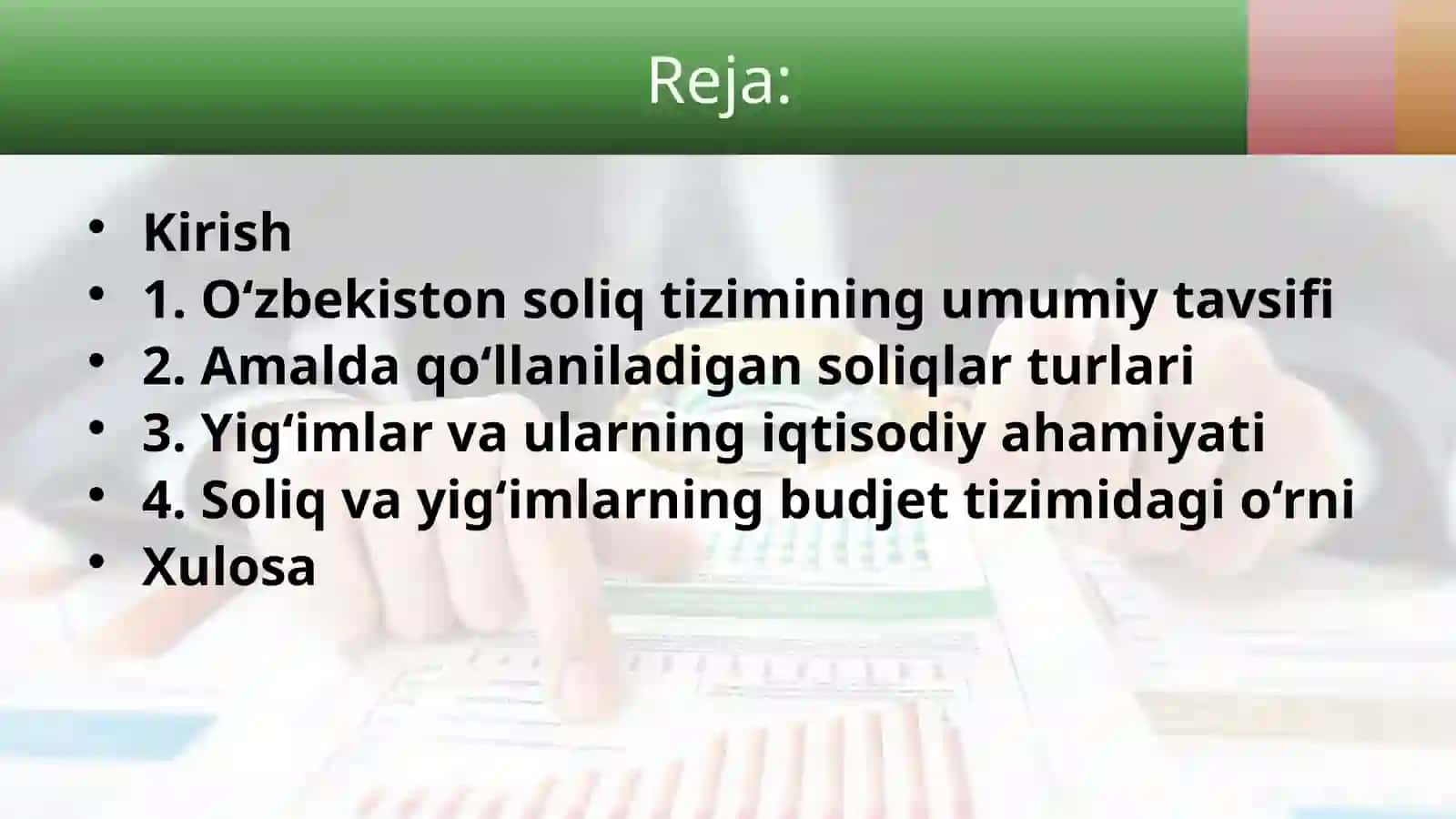 O'zbekiston soliq tizimida amalda boʻlgan soliqlar va yigʻimlar tavsif 2