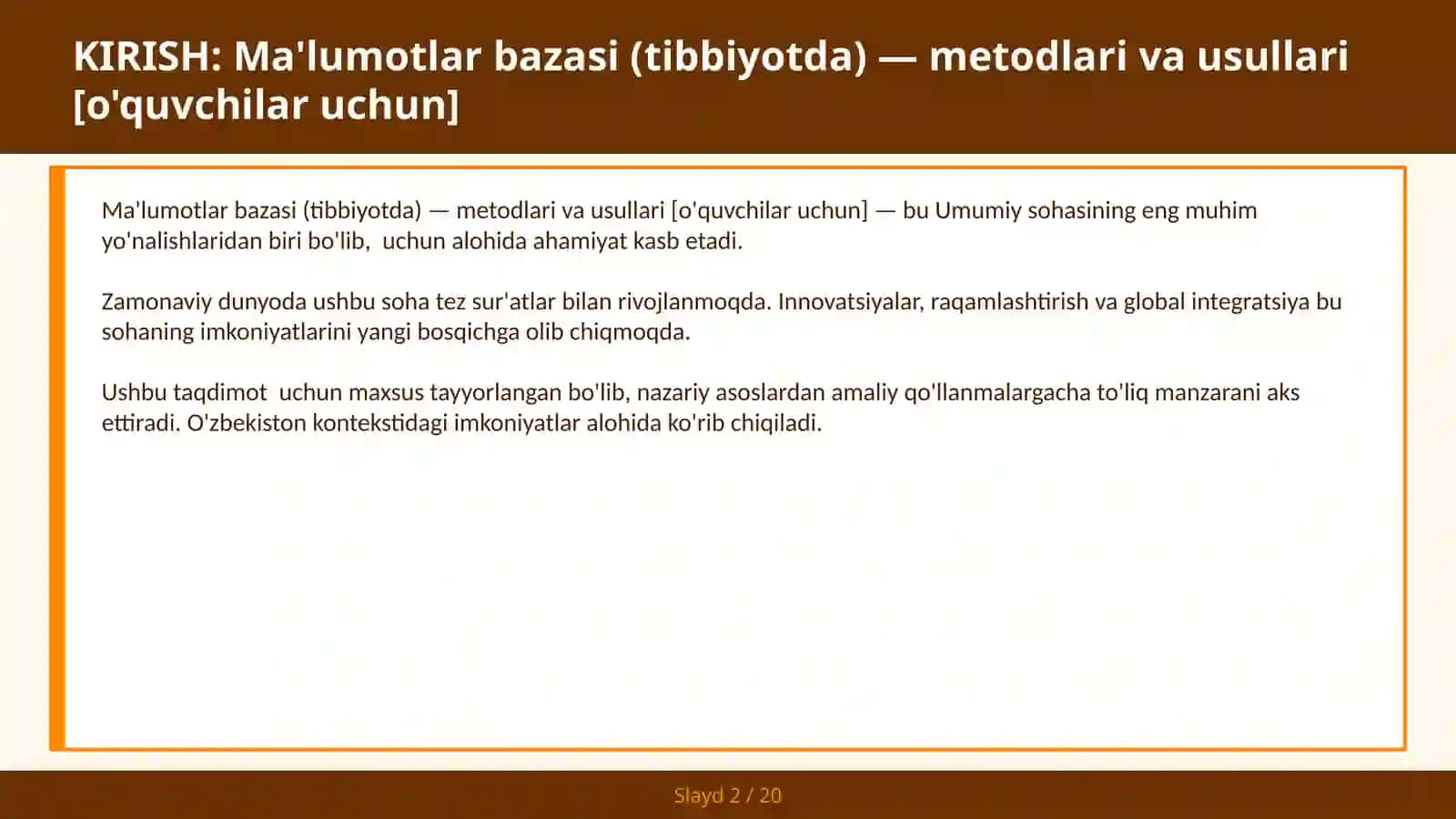 Ma'lumotlar bazasi (Tibbiyotda) - Metodlari va usullari [O'quvchilar uchun] 2