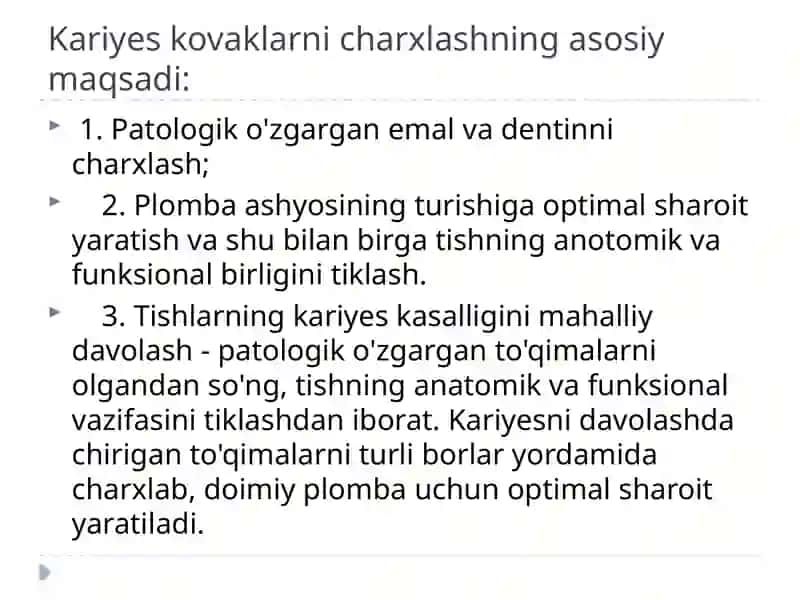 Blekbo’yicha 1-sinflik karioz kovaklarni restavratsiya qilish 2