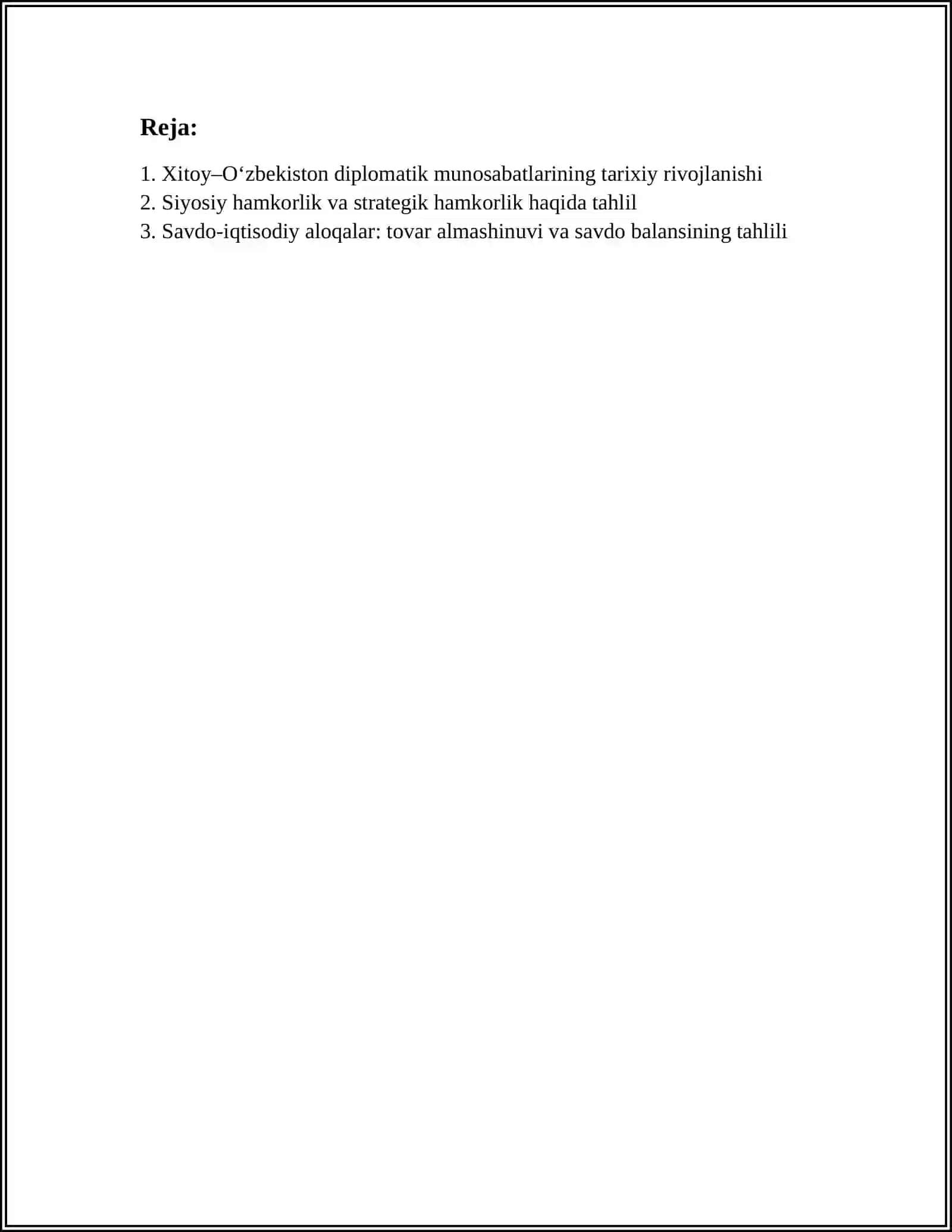 XITOY XALQ RESPUBLIKASI VA OʻZBEKISTON HAMKORLIK MUNOSABATLARINI TAHLILIY OʻRGANISH REFERAT 2