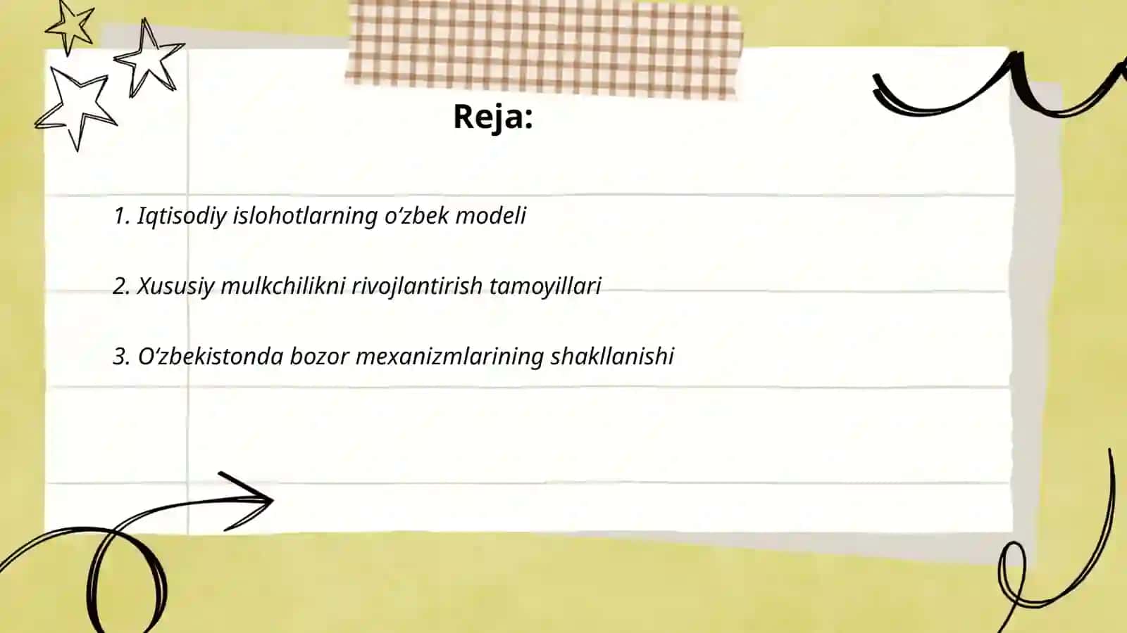 Iqtisodiy islohotlar,xususiy mulkvhilikning shakllanishi,ózbekistonda bozor munosabatlarining rivojlanishi 2