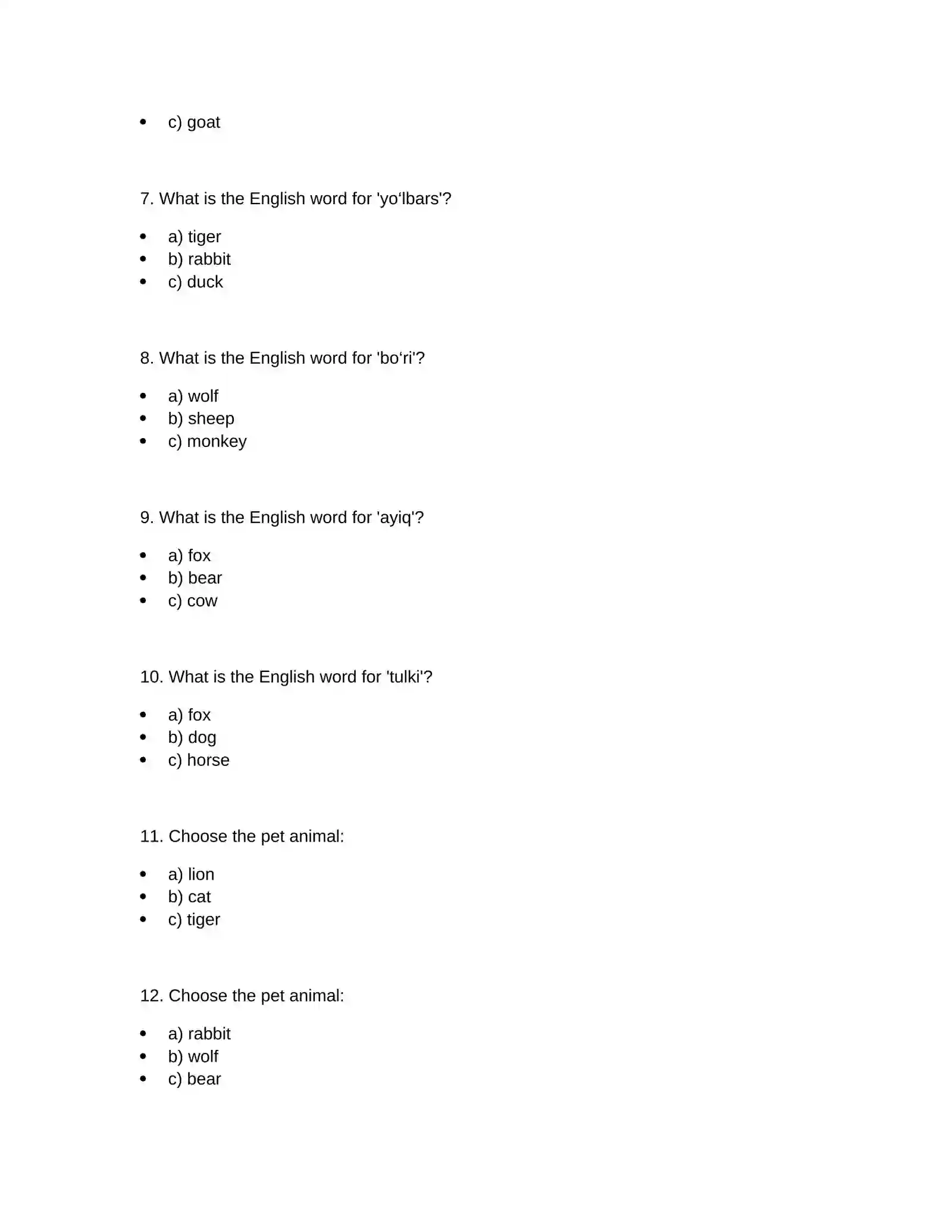 Animals Vocabulary Test 2