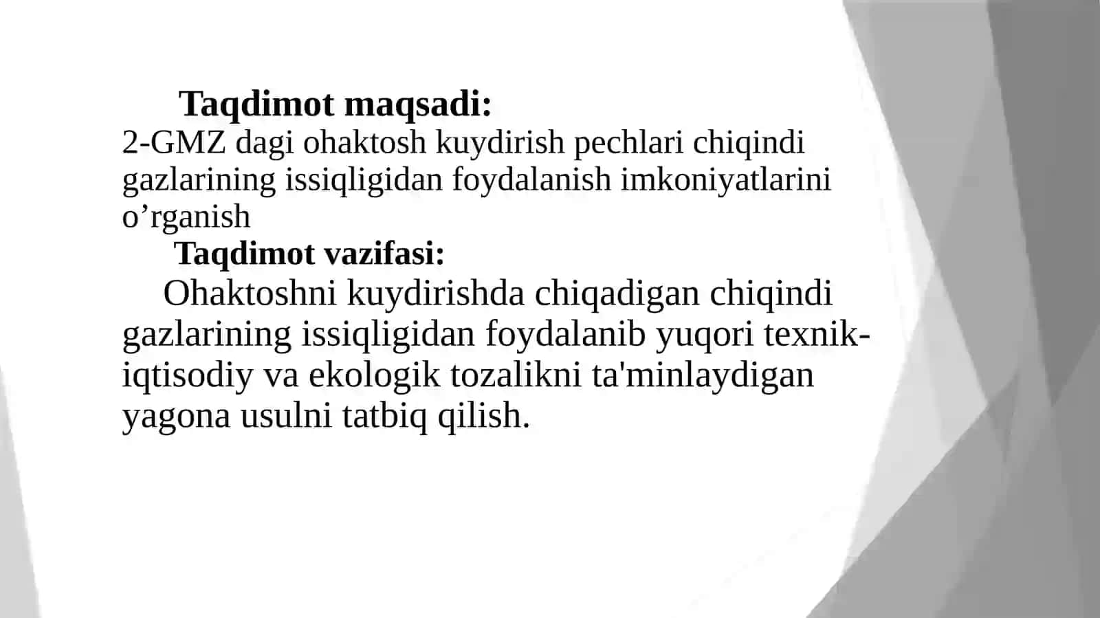 2-GMZ DAGI OHAKTOSH KUYDIRISH PECHLARI CHIQINDI GAZLARINING ISSIQLIGIDAN FOYDALANISH IMKONIYATLARINI TADQIQ QILISH 2