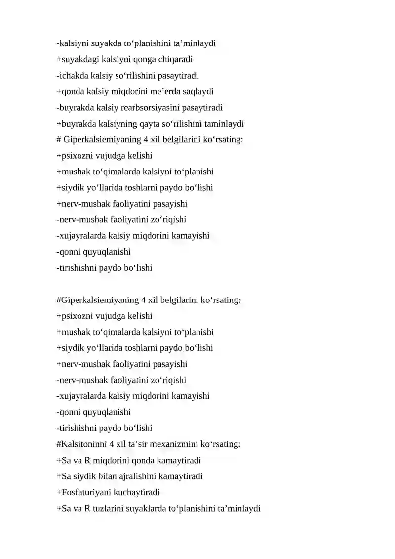 Kalsiy fasfatlar almashinuvining idora etilishi. Mineralizatsiya jarayonining gormonal boshqarilishi mavzusiga test 2