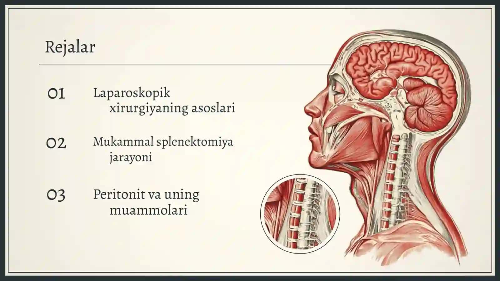 Laparoskopik xirurgiya. Laparoskopik splenektomiya. Oshqozon osti bezixirurgiyasi. Biliodigestiv anastomozlar. Qorin parda bo'shlig'i bitishmakasalligi muammosi. Kaminvaziv xirurgiya. Peritonitlarda gorin bo'shlig ini 2