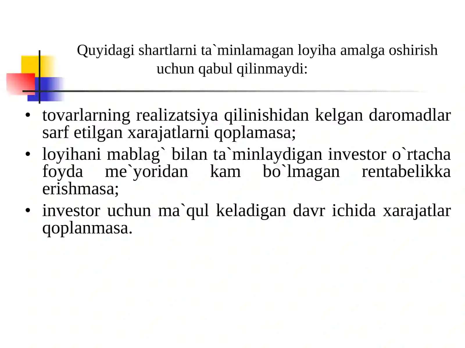 INVESTITSIYA LOYIHALARINI MOLIYAVIY-IQTISODIY BAHOLASHNING USLUBIY ASOSLARI 2