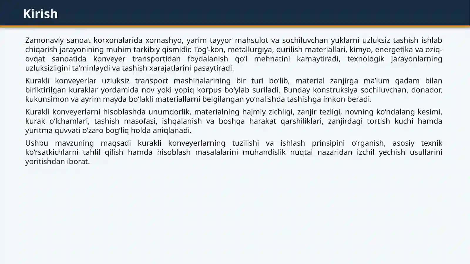 KURAKLI KONVEYERLARNI HISOBLASH BO'YICHA MASALALAR YECHISH 2