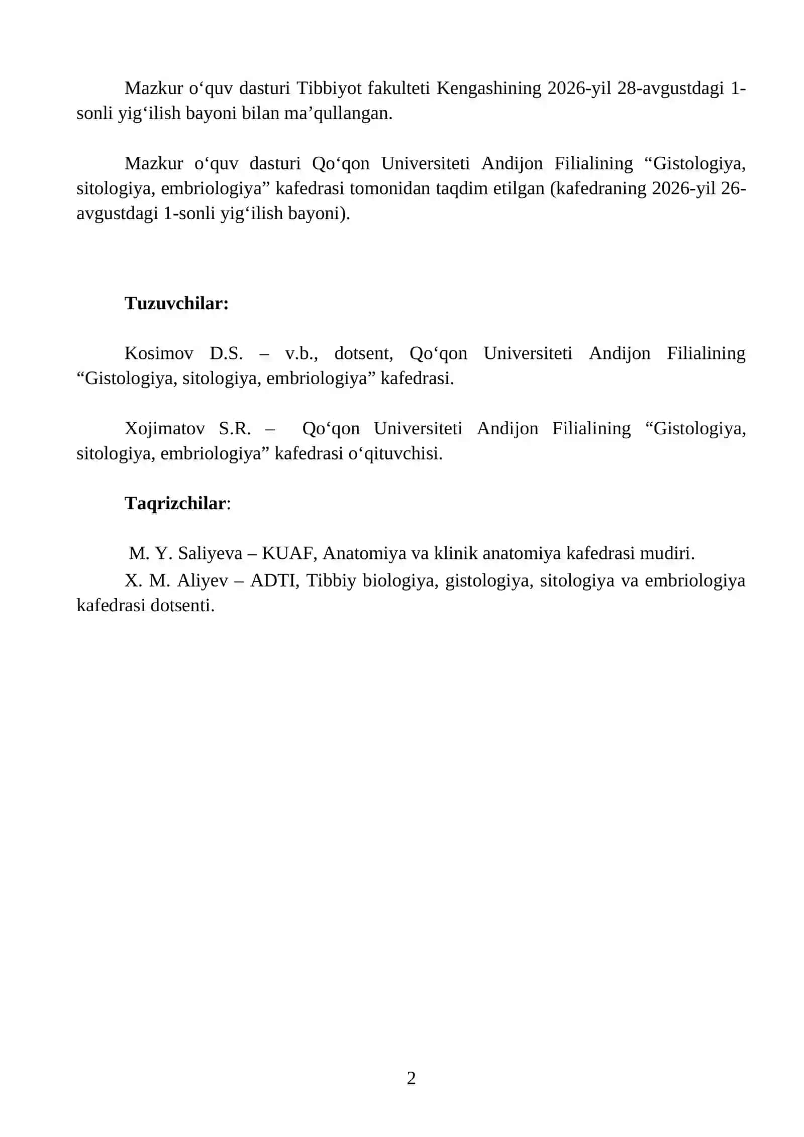 GISTOLOGIYA, SITOLOGIYA, EMBRIOLOGIYA FANINING O‘QUV DASTURI 2