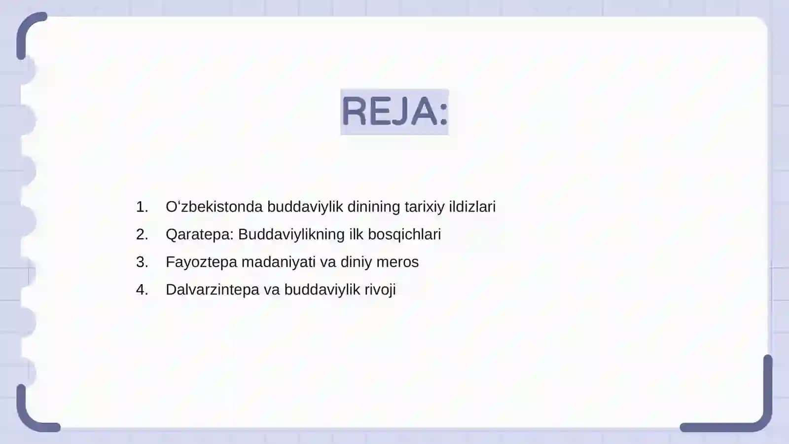 Oʻzbekistonda buddaviylik dinining tarixiy ildizlari (Qaratepa , Fayoztepa , Dalvarzintepa) va hozirgi zamon. 2