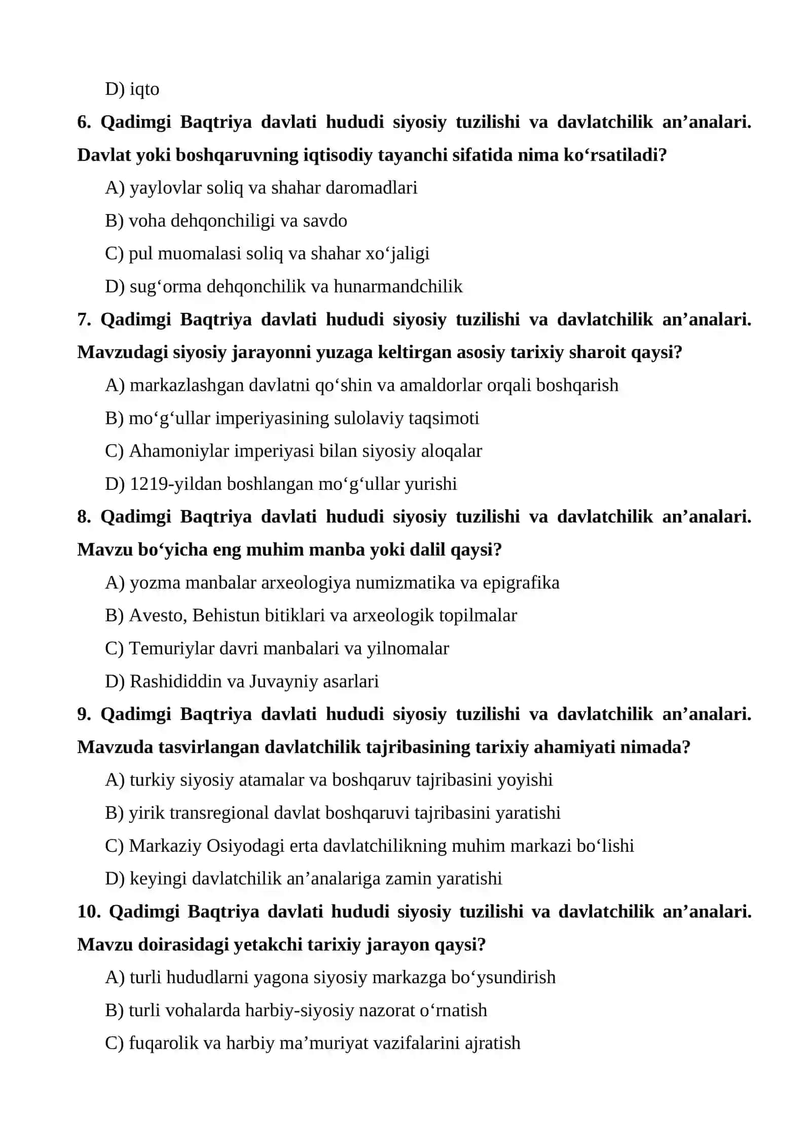 Qadimgi Baqtriya davlati hududi siyosiy tuzilishi va davlatchilik an’analari test 2